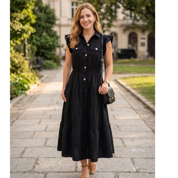Tahari ASL Dresses & Skirts - Tahari ASL Womens Black Snap Front Tiered Midi Dress Ruffle Cap Sleeve Size 2